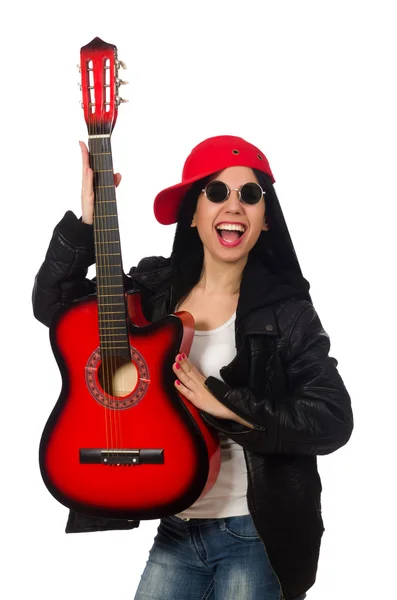 Mujer tocando la guitarra aislada en blanco — Foto de Stock