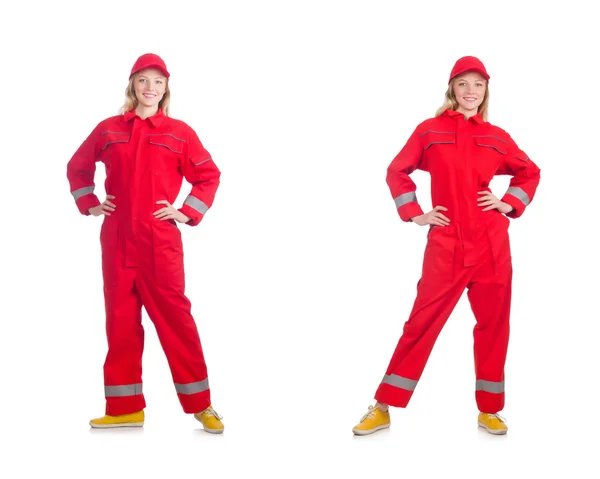 Kvinna i röda overaller isolerad på vitt — Stockfoto