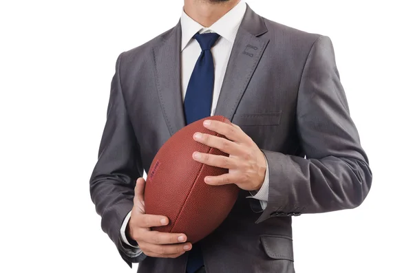 Muž s americkým fotbalovým míčem izolovaný na bílém — Stock fotografie