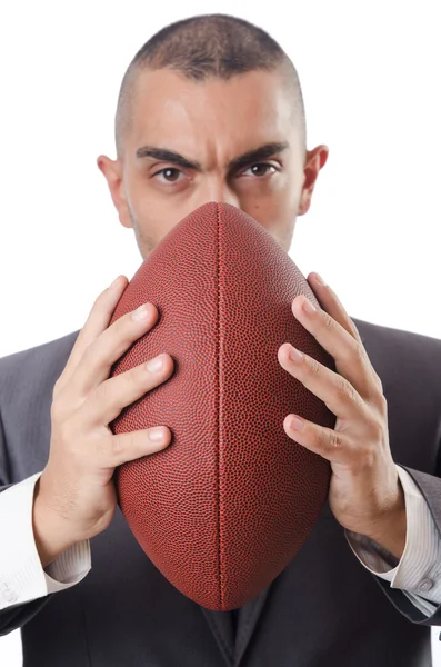 Uomo con palla da football americano isolato su bianco — Foto Stock