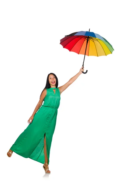 Woman with umbrella isolated on white — Stock Photo, Image