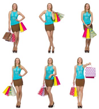 Alışveriş torbaları olan kadın beyazda yalnız.