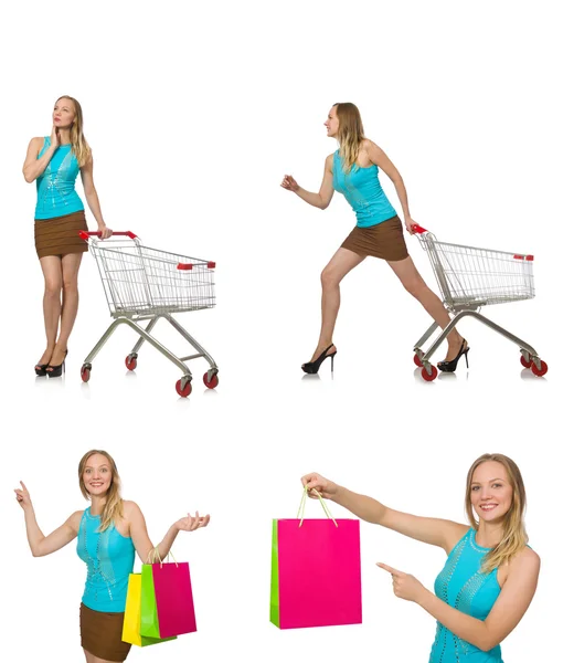 白に隔離されたショッピングコンセプトの女性 — ストック写真