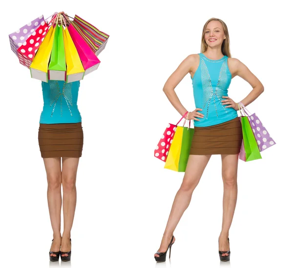 Woman with shopping bags isolated on white — Stock Photo, Image