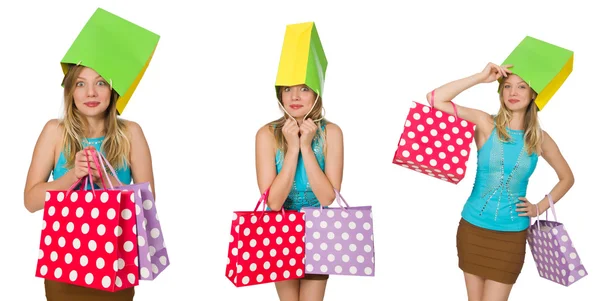 Femme avec des sacs à provisions isolés sur blanc — Photo