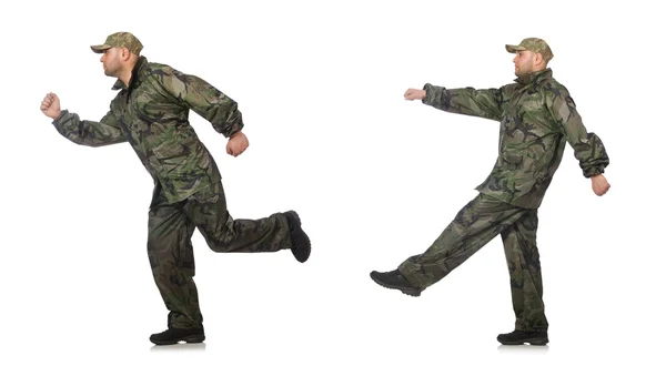 Jovem em uniforme de soldado isolado em branco — Fotografia de Stock