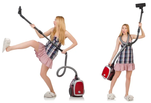 Jeune femme avec aspirateur sur blanc — Photo