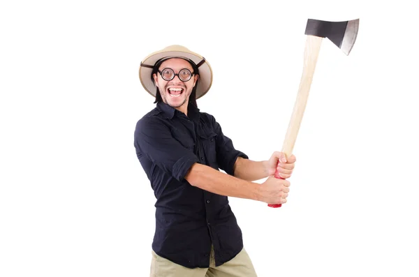 Hombre con hacha aislada en blanco —  Fotos de Stock