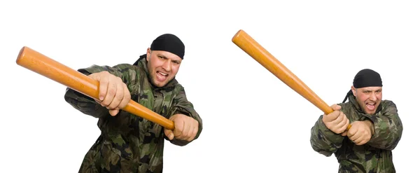 Soldato con mazza da baseball su bianco — Foto Stock