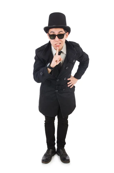 Jonge detective in zwarte jas geïsoleerd op wit — Stockfoto