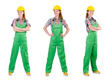 Yeşil tulumlu kadın beyaz giyindi.