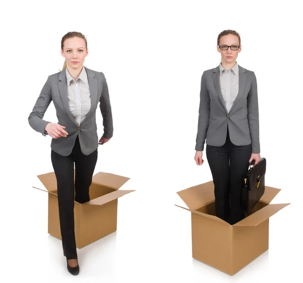 Imagen compuesta de mujer con cajas en blanco — Foto de Stock