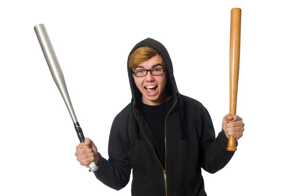 Aggressive man with baseball bat isolated on white — Stock Photo, Image