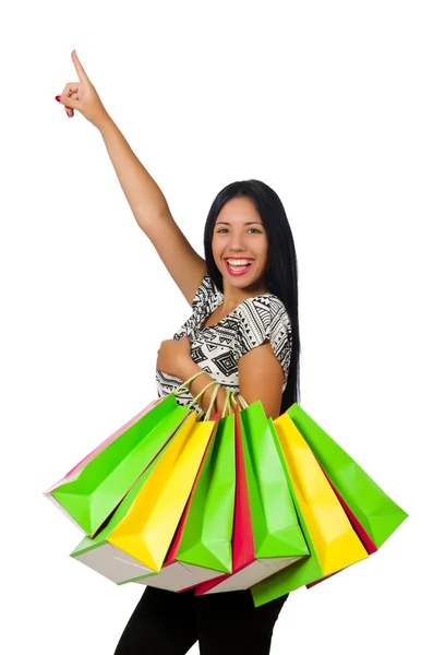 Donna con shopping bags isolata su bianco — Foto Stock