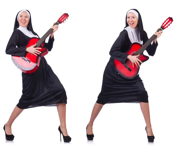 Nun with guitar isolated on white — Stock Photo, Image