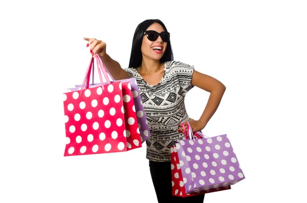 Mulher com sacos de compras isolados em branco — Fotografia de Stock