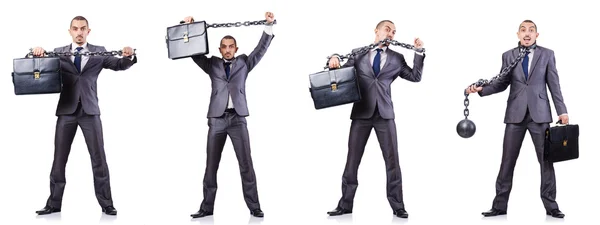 Businessman with shackles on white — Stock Photo, Image