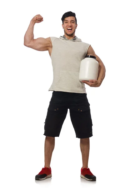 Hombre muscular con frascos de proteínas en blanco —  Fotos de Stock