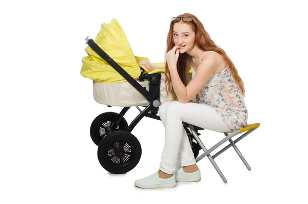 Mulher com bebê e carrinho isolado em branco — Fotografia de Stock