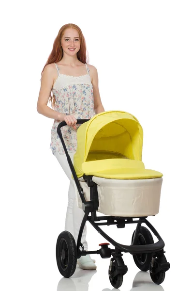 Woman with baby and pram isolated on white — Stock Photo, Image