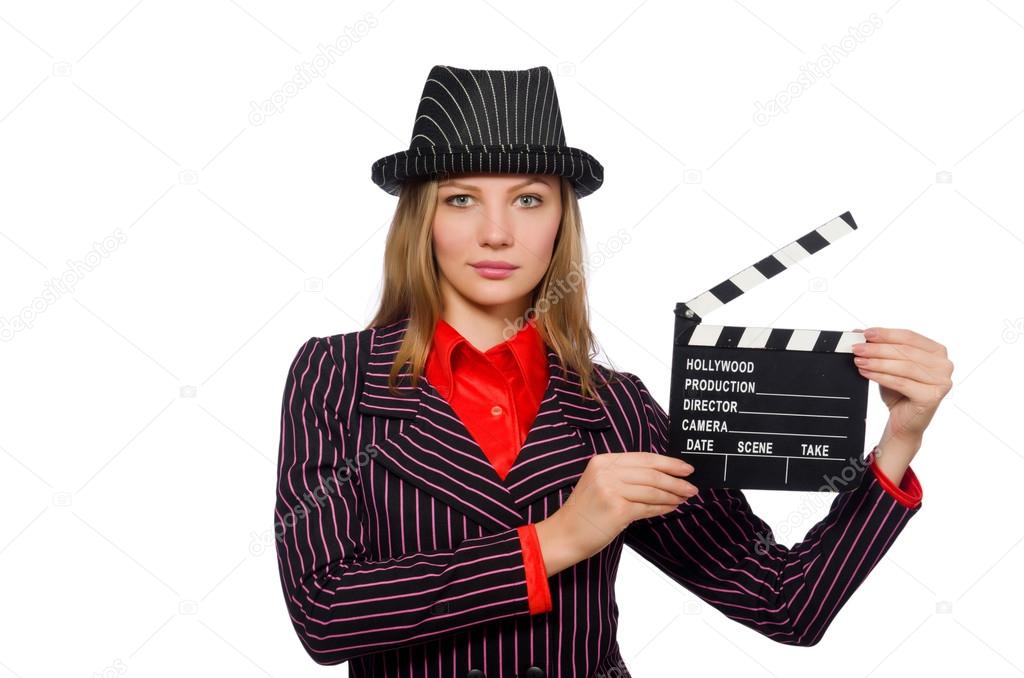 Woman with movie board isolated on the white