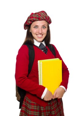 Kız beyaz izole İskoç tartan giyim