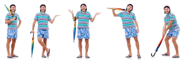 Homem positivo com guarda-chuva colorido isolado em branco — Fotografia de Stock