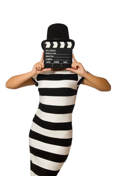 Woman with movie clapper on white — Stock Photo, Image