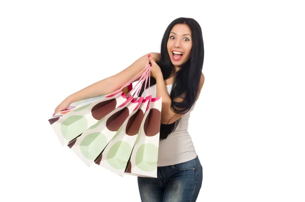 Donna con shopping bags isolata su bianco — Foto Stock