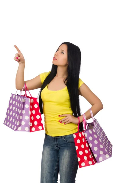 Femme avec des sacs à provisions isolés sur blanc — Photo