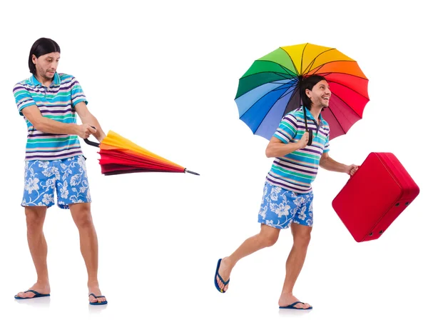 Traveler with red case  and umbrella isolated on white — Stock Photo, Image