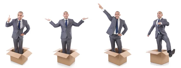 Collage of photos with man and boxes — Stock Photo, Image