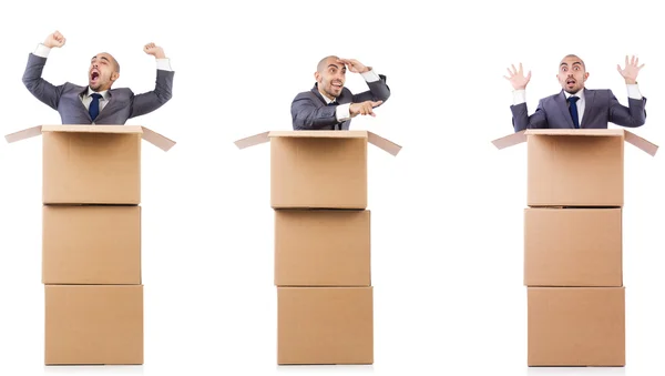 Collage of photos with man and boxes — Stock Photo, Image