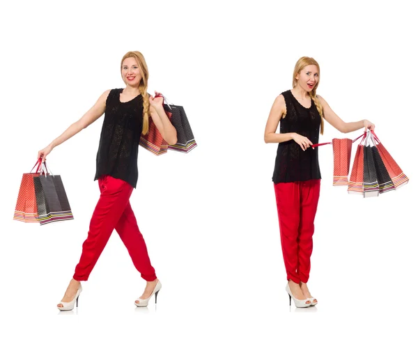 Set di donna con shopping bags su bianco — Foto Stock