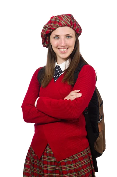 Meisje in Schotse tartan kleding op wit wordt geïsoleerd — Stockfoto