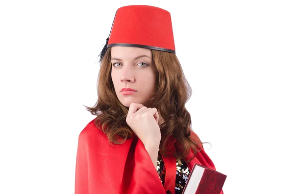 Donna con cappello fez isolato su bianco — Foto Stock