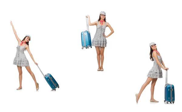白に隔離されたスーツケース付きの旅の女性 — ストック写真