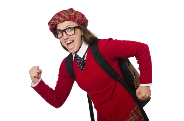 Menina em roupas de tartan escocês isolado no branco — Fotografia de Stock