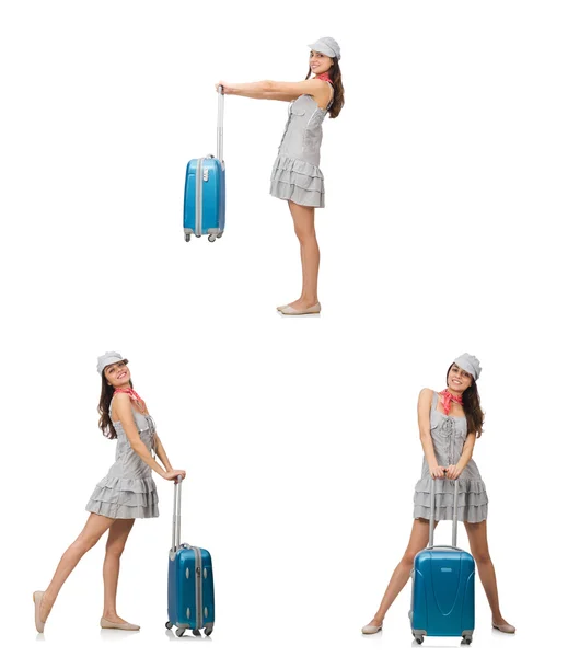 Mujer viajera con maleta aislada en blanco —  Fotos de Stock