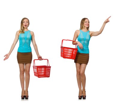 Alışveriş sepetli bir kadının birleşik fotoğrafı.
