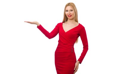 Kırmızı elbiseli, uzun boylu, beyaz elbiseli bir kadın.