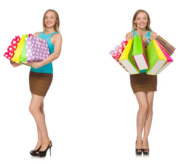 Donna con shopping bags isolata su bianco — Foto Stock