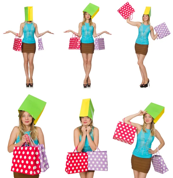 Woman with shopping bags isolated on white — Stock Photo, Image