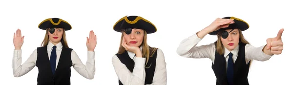 Frauenchefin Piratin isoliert auf der weißen Seite — Stockfoto