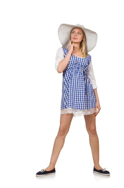 Donna sorridente in plaid semplice vestito e cappello — Foto Stock