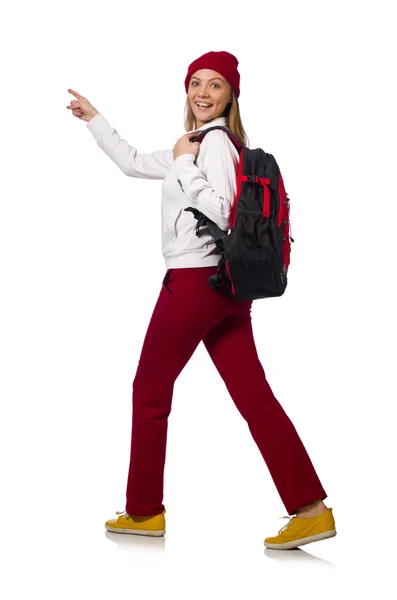 Studente divertente con zaino isolato su bianco — Foto Stock