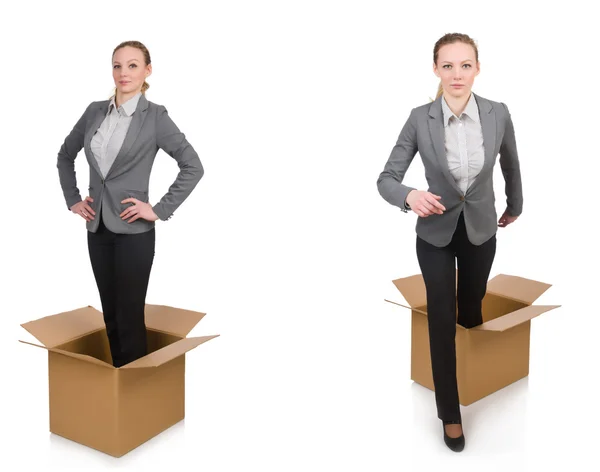 Composite image of woman with boxes on white — Stock Photo, Image