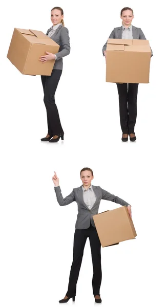 Композитное изображение женщины с коробками на белом — стоковое фото
