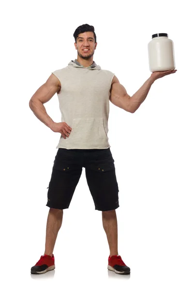 Muscular man with protein jars on white — Stock Photo, Image