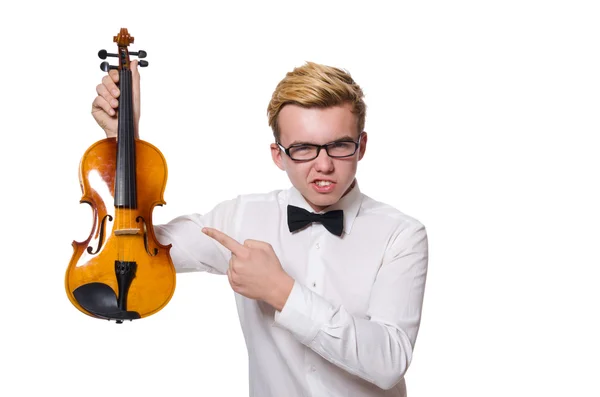 Young funny violin player isolated on white — Stock Photo, Image